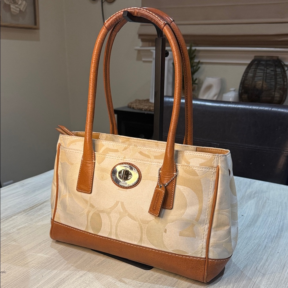 Coach Cream and Tan Shoulder Bag